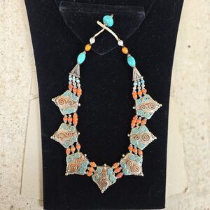Antique Tibetan Tribal Sterling Silver Turquoise & Coral Hand Made Necklace